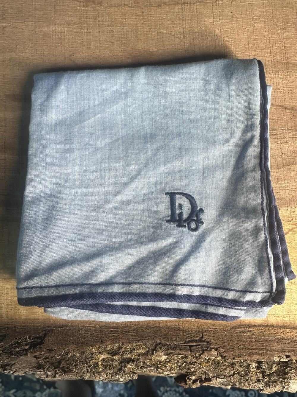 Vintage Christian Dior Square Scarf 18” Light Blue Navy Logo Embroidered